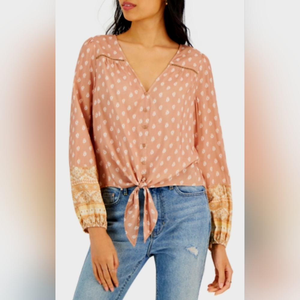 Hippie Rose Women's 100%Rayon Romantic Boho Tie-Front Blouse Tan Medallion Large